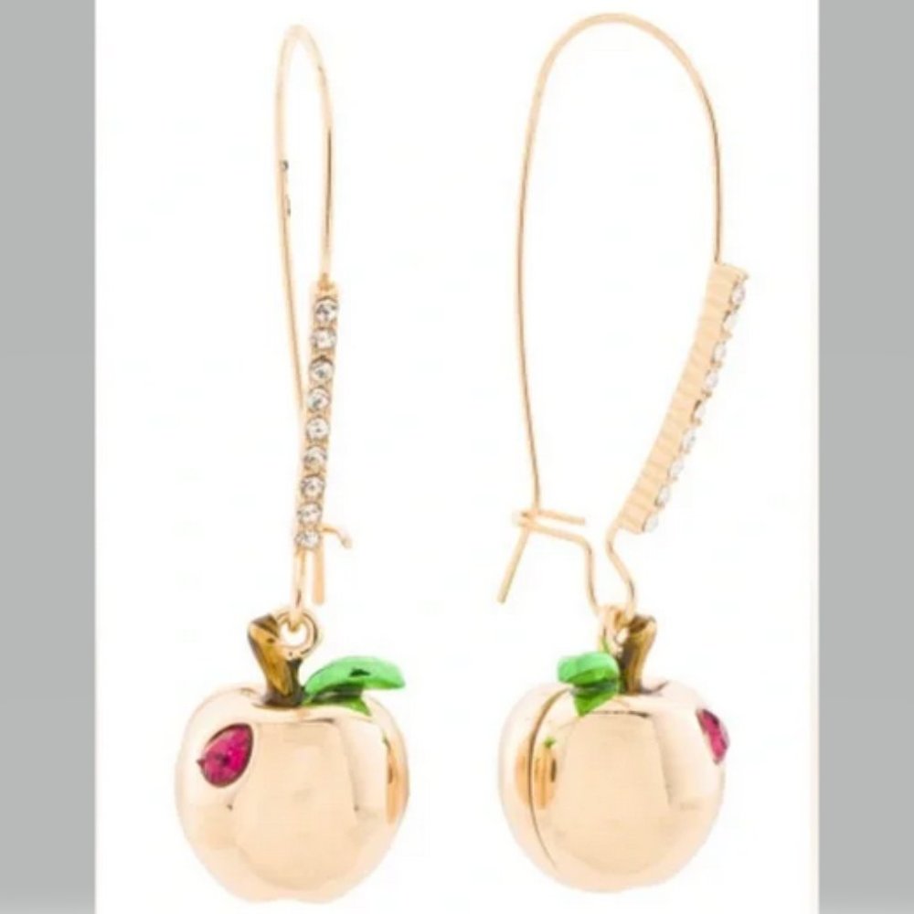 Betsey Johnson Apple Pave Shepherd Hook Earrings Goldtone crystal NWT
